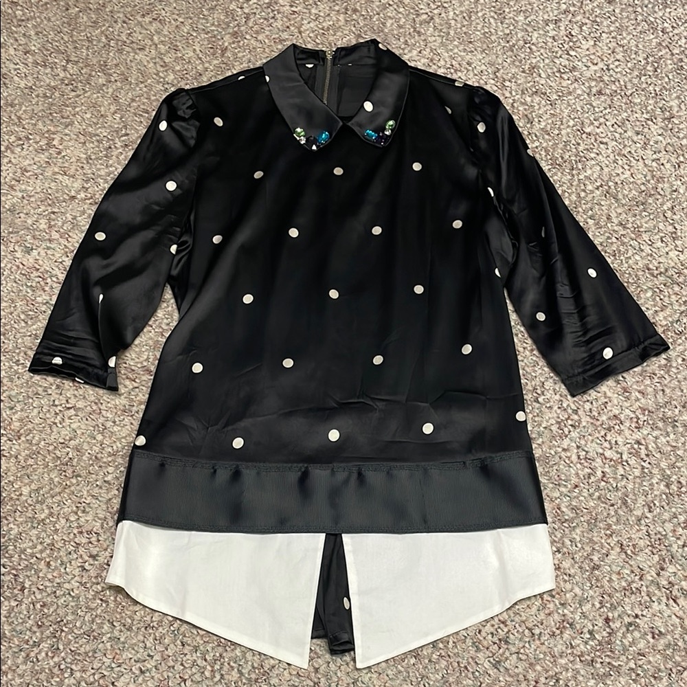 100% silk Black Polka Dot Blouse with Embellished Collar